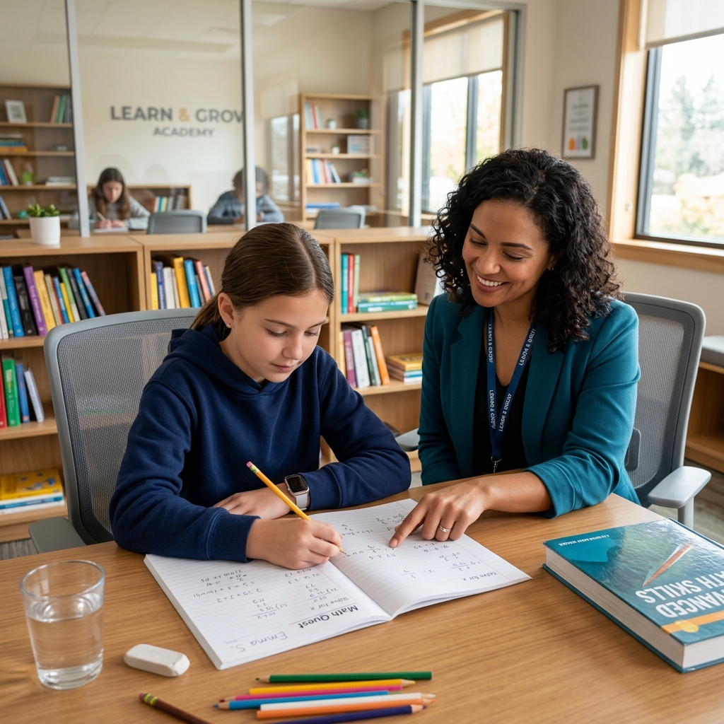Student working on math problems at a learning centre